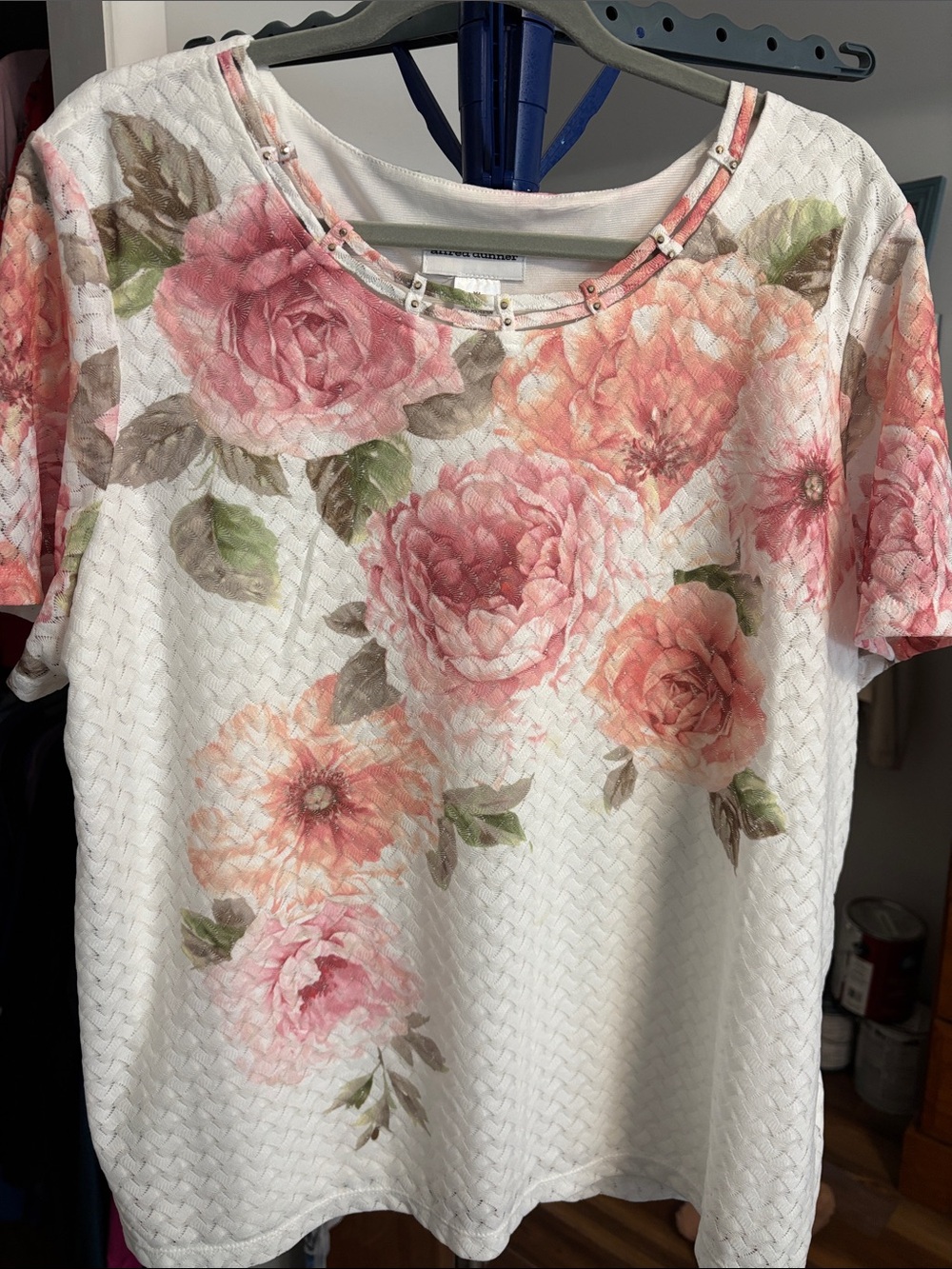 Alfred Dunner White Short-Sleeve Top with Pink & Peach Floral Print